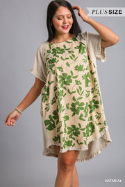 32 CP {Country Retreat} Umgee Oatmeal Floral Print Dress PLUS SIZE XL 1X 2X