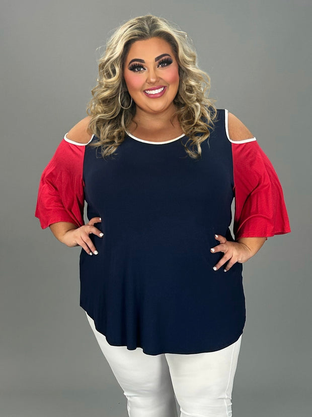 49 OS {In Complete Awe} Navy/Red/White Cold Shoulder Top EXTENDED PLUS SIZE 4X 5X 6X
