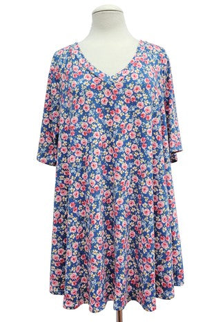 35 PSS {Always Yours} Blue/Pink Floral Print V-Neck Top EXTENDED PLUS SIZE XL 2X 3X 4X 5X