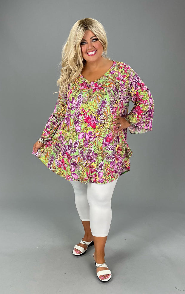 36 PQ-A {Tropical Tango}  Lime Tropical Floral V-Neck Top EXTENDED PLUS SIZE 3X 4X 5X