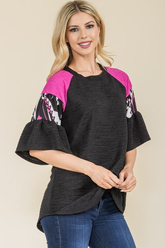 30 CP {Cool Kid} Black/Fuchsia Textured Top w/Print Contrast PLUS SIZE 1X 2X 3X