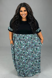LD-Z {Travel Far}  SALE! Black/Mint Floral Print Maxi Dress EXTENDED PLUS SIZE 3X 4X 5X