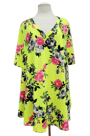 57 PSS {Need To Be Here} Neon Lime Floral V-Neck Top EXTENDED PLUS SIZE 3X 4X 5X