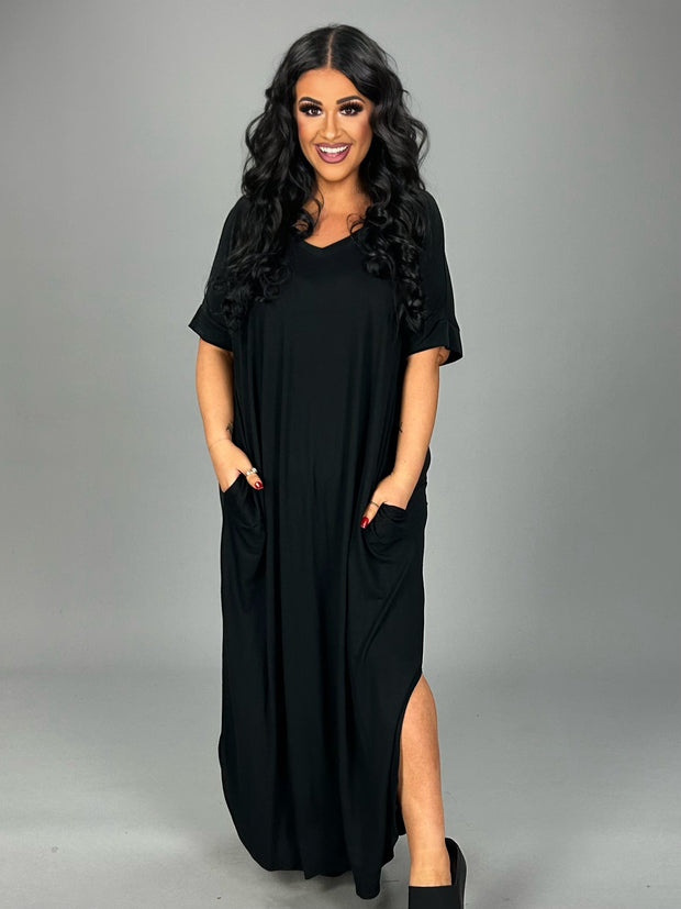 LD-S {Never Forget} Black V-Neck Long Dress PLUS SIZE 1X 2X 3X