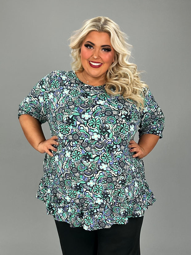 32 PSS {Only One For Me} Green/Black Print Ruffle Hem Top EXTENDED PLUS SIZE 4X 5X 6X
