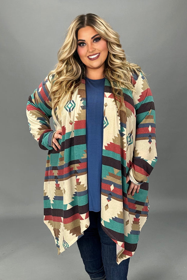 32 OT {Heading West} Ivory/Multi-Color Aztec Print Cardigan EXTENDED PLUS SIZE 3X 4X 5X