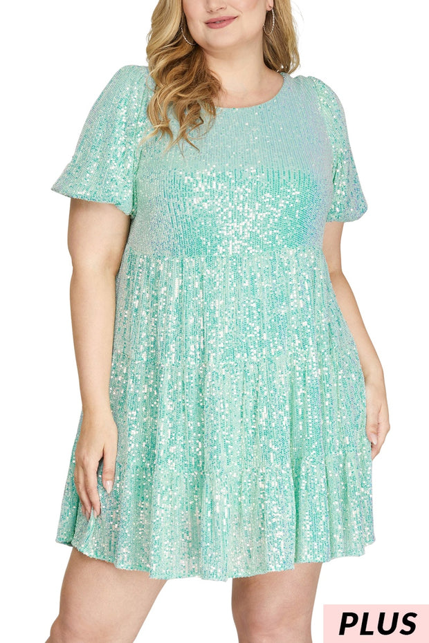 27 SSS {Not Playing Anymore} Aqua Sequin Tiered Lined Dress PLUS SIZE XL 1X 2X
