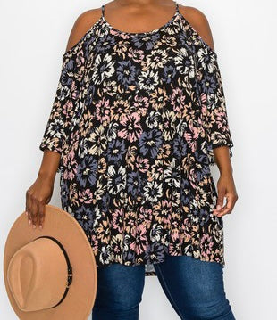 41 OS {You Belong To Me} Black Floral Cold Shoulder Tunic CURVY BRAND!!!  EXTENDED PLUS SIZE 4X 5X 6X