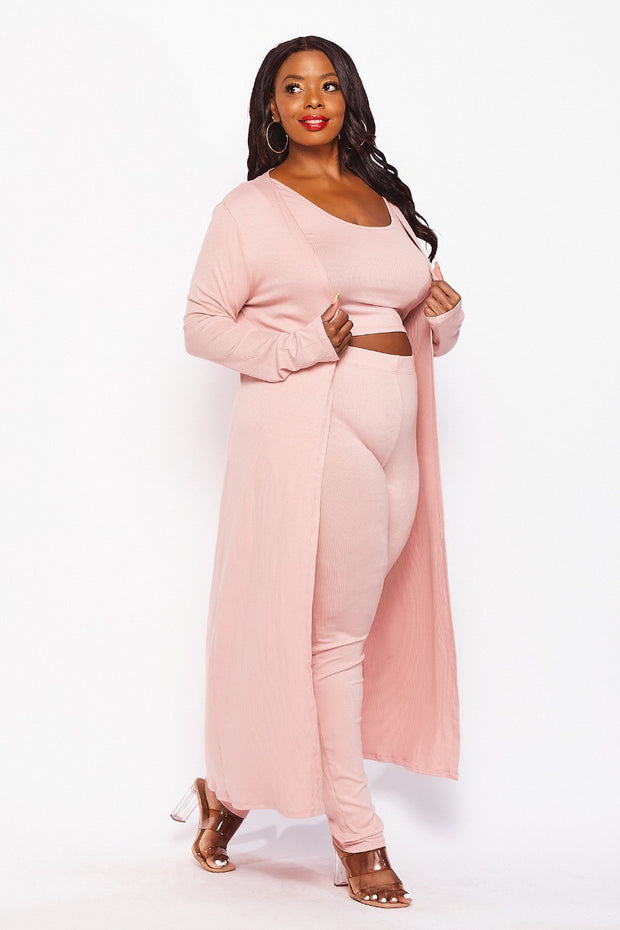 LD-B {Paired Up} Mauve Ribbed 3 Pc Cardigan Set PLUS SIZE 1X 2X 3X