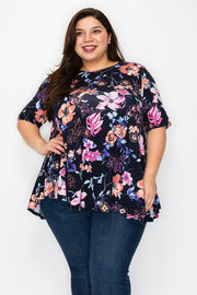 63 PSS {All In My Mind} Navy Floral Rounded Hem Top EXTENDED PLUS SIZE 3X 4X 5X