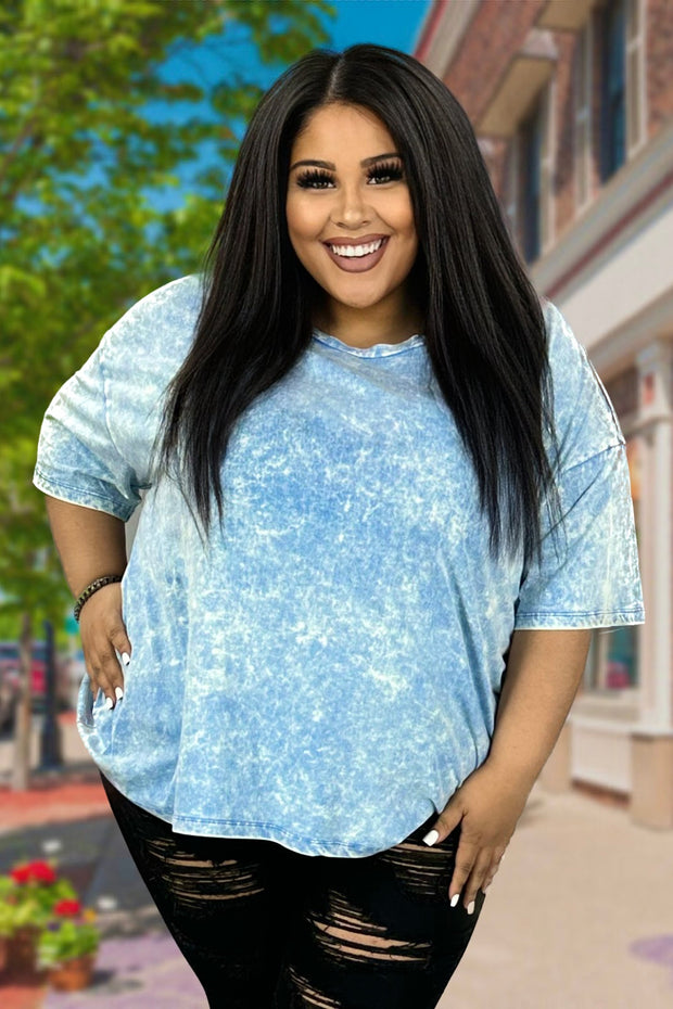 66 PSS-J {Picnic Time} Sky Blue Mineral Wash Top PLUS SIZE 1X/2X  2X/3X