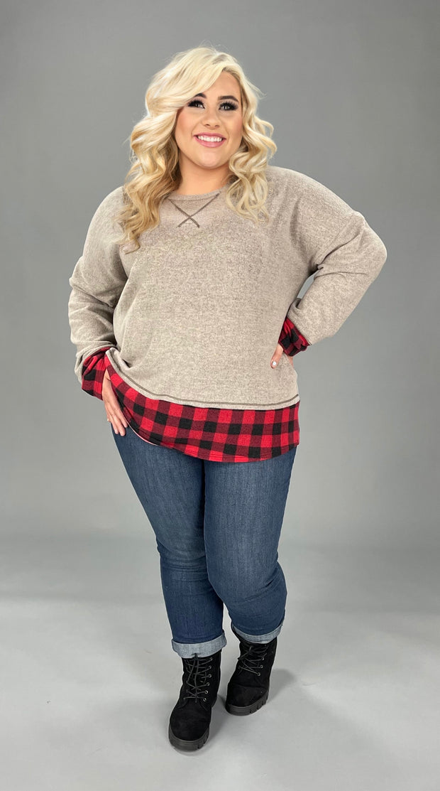 22 CP-G {Clear Your Schedule} SALE!  Grey Red Plaid Contrast Top PLUS SIZE XL 2X 3X