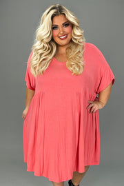 28 SSS-A or LD-A {Curvy Hourglass} Coral V-Neck Dress w/Pleated Detailing CURVY BRAND!!!  EXTENDED PLUS SIZE XL 2X 3X 4X 5X 6X (May Size Down 1 Size)