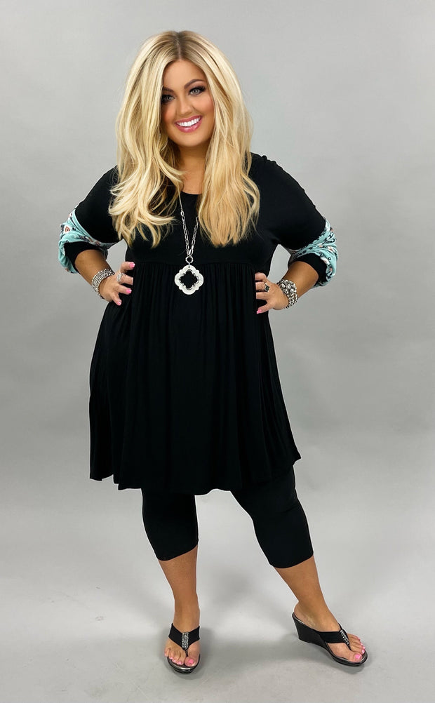 12 CP-C {Just Admit It} Black With Blue Tribal Printed Sleeve Tunic  PLUS SIZE XL 2X 3X