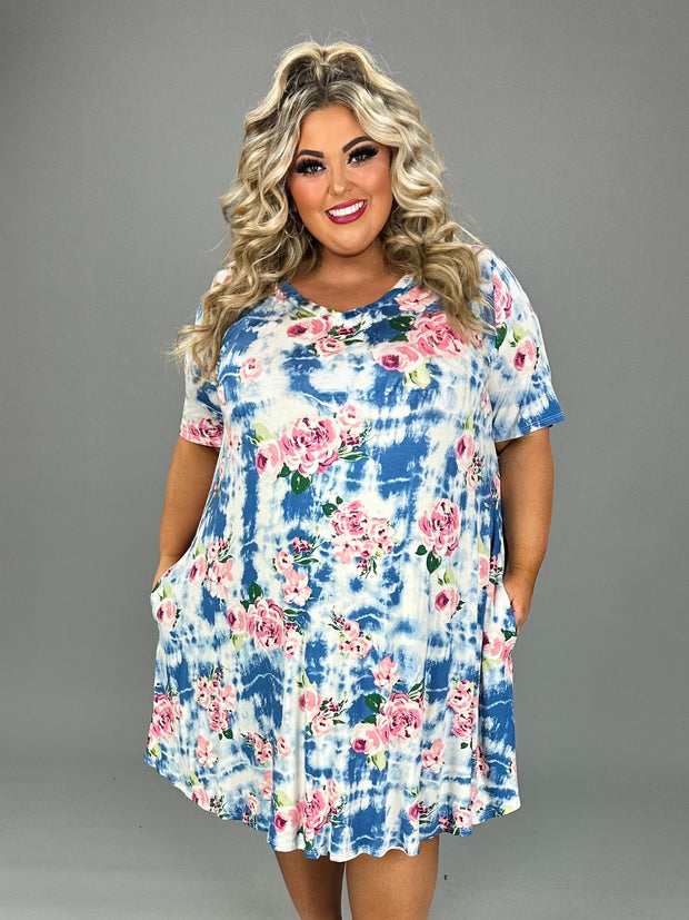 12 PSS-G {Adoring The Garden} Blue/Pink Floral V-Neck Dress  EXTENDED PLUS SIZE 3X 4X 5X