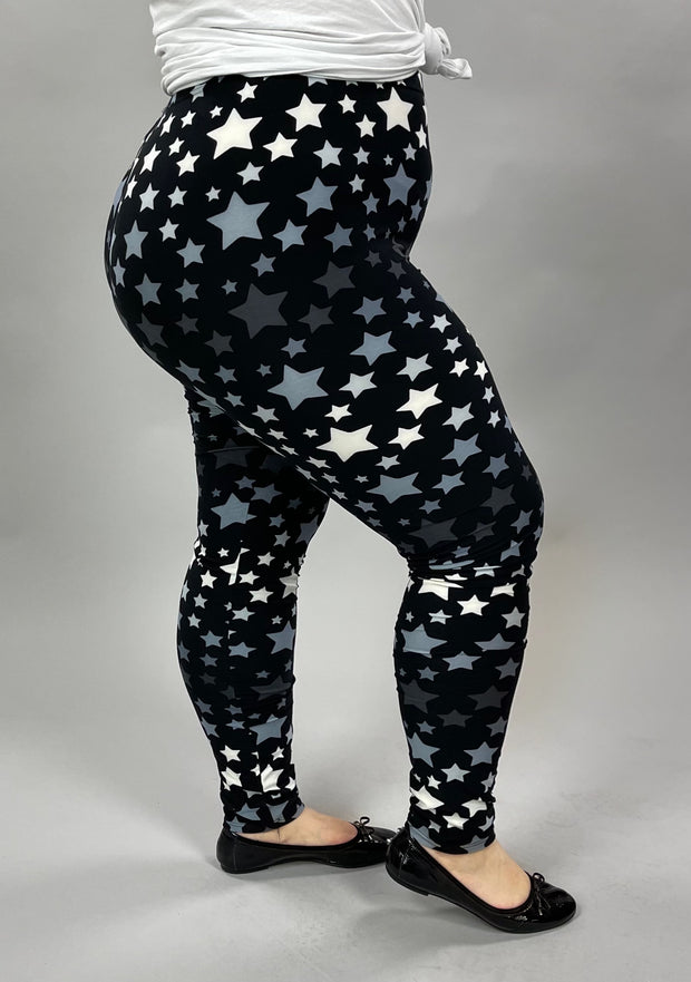 LEG-82 {Dance With The Stars} Black Star Print Leggings EXTENDED PLUS SIZE 3X/5X