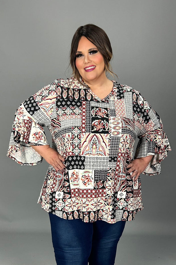 52 PQ {Time Well Spent} Ivory/Black Muti-Print V-Neck Top EXTENDED PLUS SIZE 4X 5X 6X
