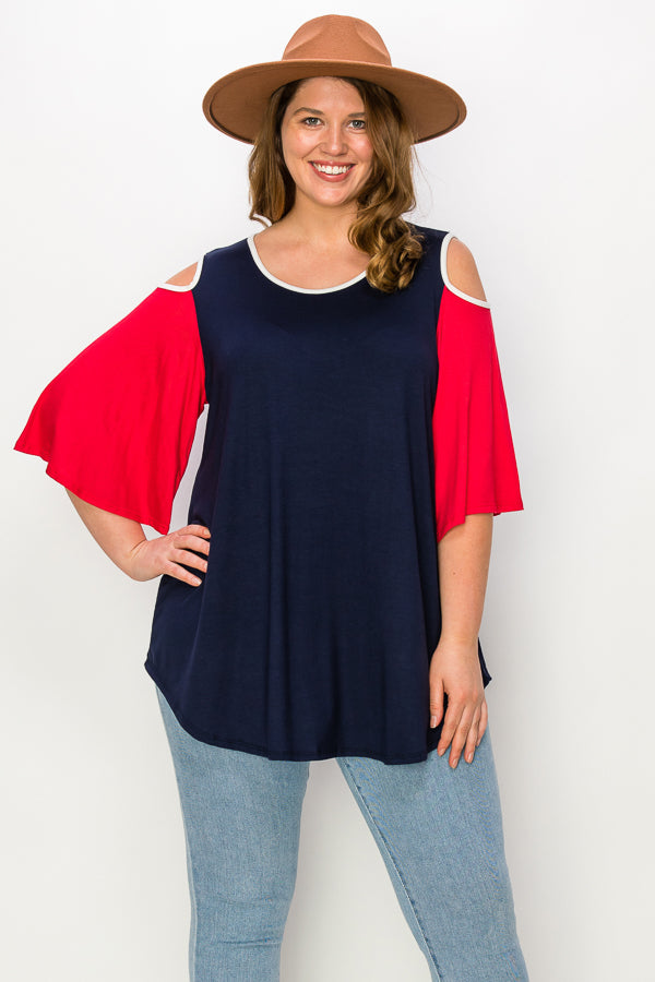 49 OS {In Complete Awe} Navy/Red/White Cold Shoulder Top EXTENDED PLUS SIZE 4X 5X 6X