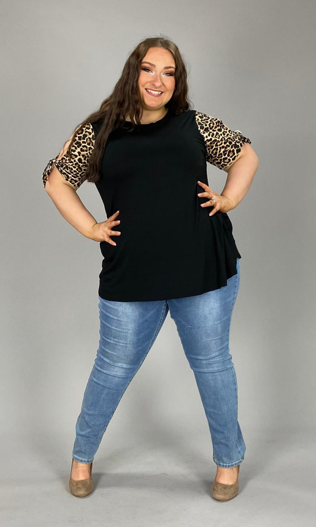 54 CP-A {Cultivated Allure} Blk Leopard Tied Sleeve Contrast Top PLUS SIZE 1X 2X 3X