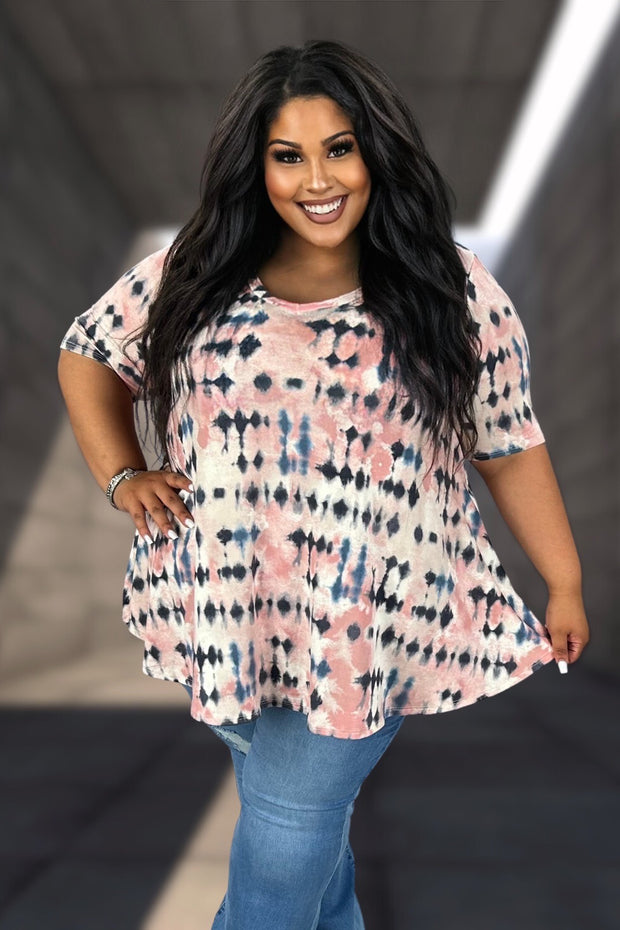 26 PSS {Right Around The Corner} Coral/Navy Tie Dye V-Neck Top EXTENDED PLUS SIZE 3X 4X 5X