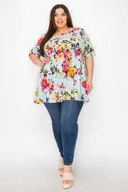87 PSS {Stylish Ease} Sky Blue Floral Ruffle Babydoll Tunic EXTENDED PLUS SIZE 4X 5X 6X