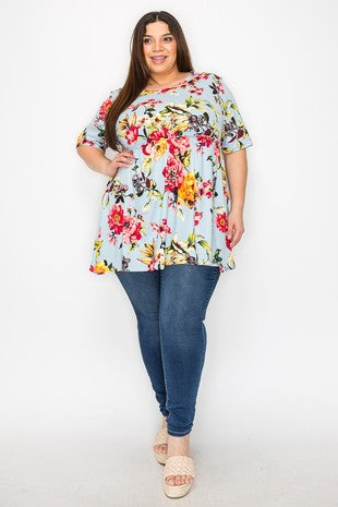 87 PSS {Stylish Ease} Sky Blue Floral Ruffle Babydoll Tunic EXTENDED PLUS SIZE 4X 5X 6X