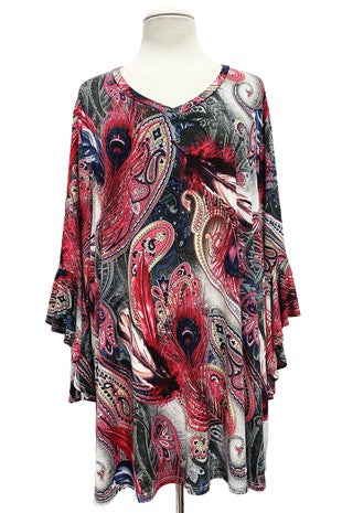 42 PQ {All About The Peacock} Red Peacock Feather Print Top EXTENDED PLUS SIZE 4X 5X 6X