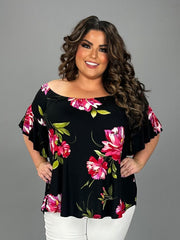 35 PSS {Eyes Are On Me} Black Floral Flutter Sleeve Top PLUS SIZE XL 2X 3X