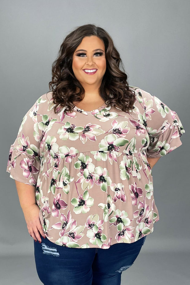 79 PQ-A {Floral Thrills} Mauve Floral Babydoll Top EXTENDED PLUS SIZE 3X 4X 5X