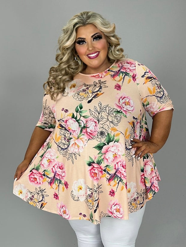 30 PSS {A Birdie Told Me} Peach/Pink Floral Bird Print Top EXTENDED PLUS SIZE 3X 4X 5X
