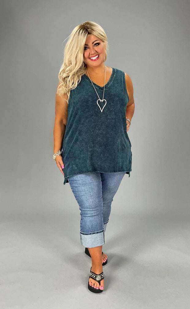 44  SV-F {Ease Along} Deep Aqua Mineral Wash Sleeveless Top PLUS SIZE 1X 2X 3X