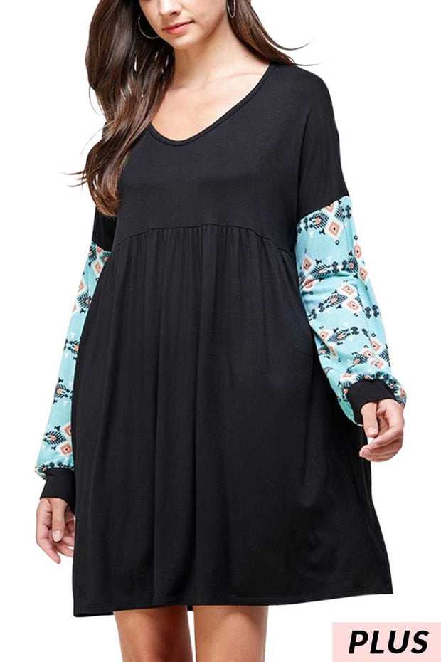 12 CP-C {Just Admit It} Black With Blue Tribal Printed Sleeve Tunic  PLUS SIZE XL 2X 3X