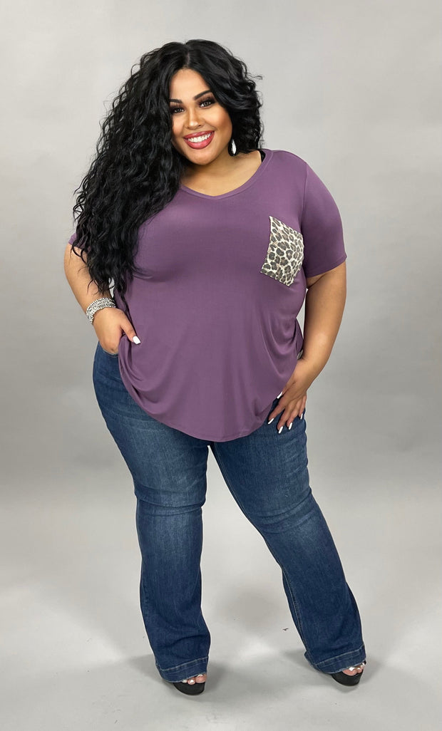 27 SD-B {Perfect Pocket} Purple V-Neck Leopard Pocket Top PLUS SIZE 1X 2X 3X