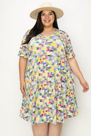 14 PSS {Paint Party} Blue/Yellow Print V-Neck Dress EXTENDED PLUS SIZE 3X 4X 5X