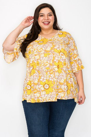 17 PSS {Fun Time Awaits} Mustard Floral Babydoll Top EXTENDED PLUS SIZE 3X 4X 5X