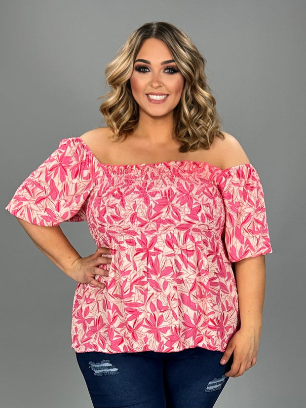 16 PSS-H {Small Favors} Fuchsia Smocked Floral Top PLUS SIZE 1X 2X 3X
