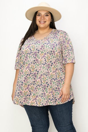 34 PSS {Timed It Right} Pink Floral V-Neck Top PLUS SIZE XL 2X 3X