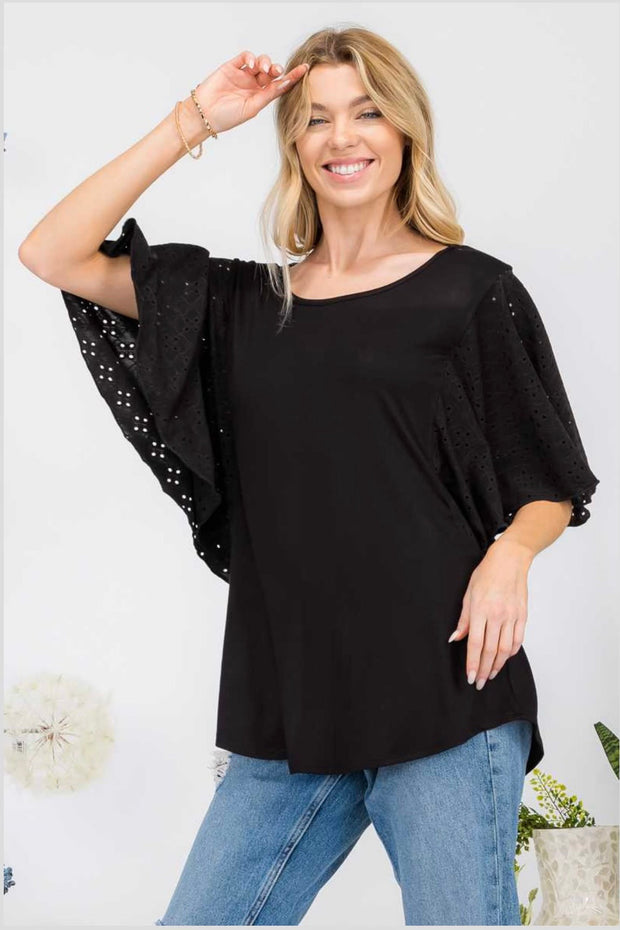 54 SD-A {Not So Subtle} Solid Black Detail Sleeve Top PLUS SIZE 1X 2X 3X