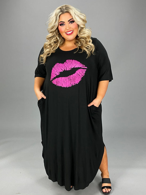 LD-L {Make People Notice} Black/Fuchsia Lips Maxi Dress CURVY BRAND!!!  EXTENDED PLUS SIZE XL 2X 3X 4X 5X 6X