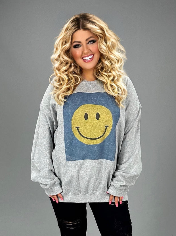 39 GT {Smile Away} Grey Smiley In Blue Graphic Sweatshirt PLUS SIZE 1X 2X 3X