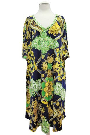 62 PSS {Keep Hope Alive} Navy/Green/Gold Print V-Neck Dress EXTENDED PLUS SIZE 3X 4X 5X