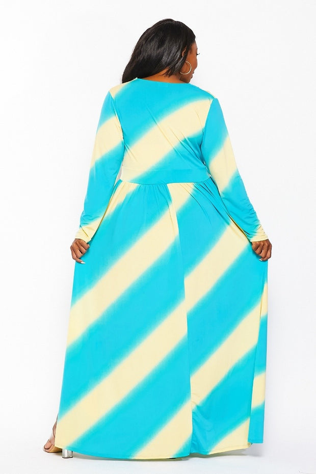 LD-E {Stay And Chat} Aqua/Yellow Maxi Dress w/Side Slits PLUS SIZE 1X 2X 3X