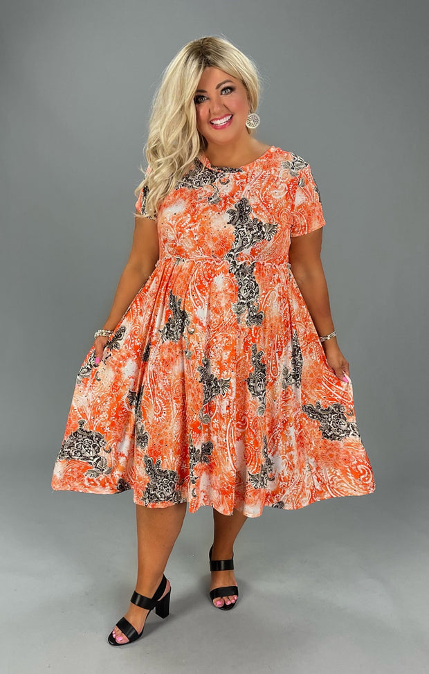 41 PSS-H {Wishing Ideas} Orange with Black Printed Dress EXTENDED PLUS SIZE 1X 2X 3X 4X 5X