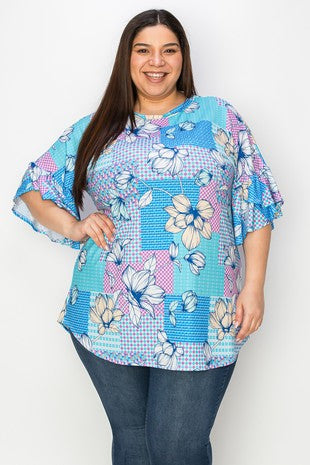 11 PQ {Fresh Take} Sky Blue Floral Geo Print Tunic EXTENDED PLUS SIZE 4X 5X 6X