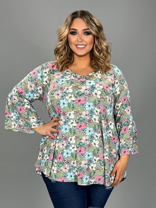 20 PQ-H {Explore My Garden} Sage Floral V-Neck Top PLUS SIZE XL 2X 3X