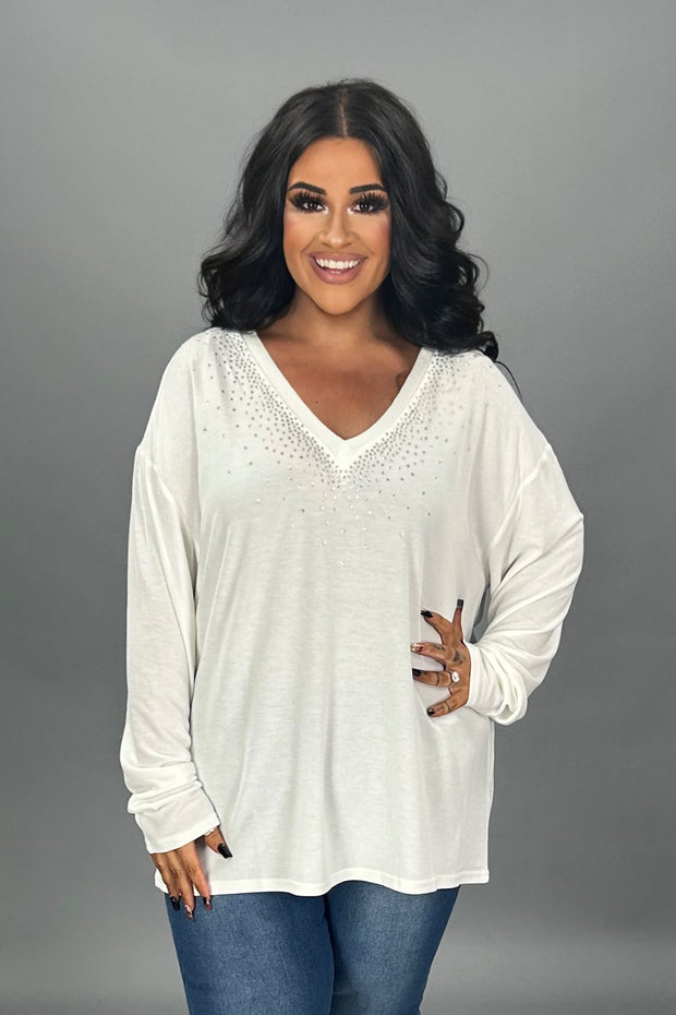 30 SD {Comfy Glam} VOCAL Off White Rhinestone V-Neck Top PLUS SIZE XL 2X 3X