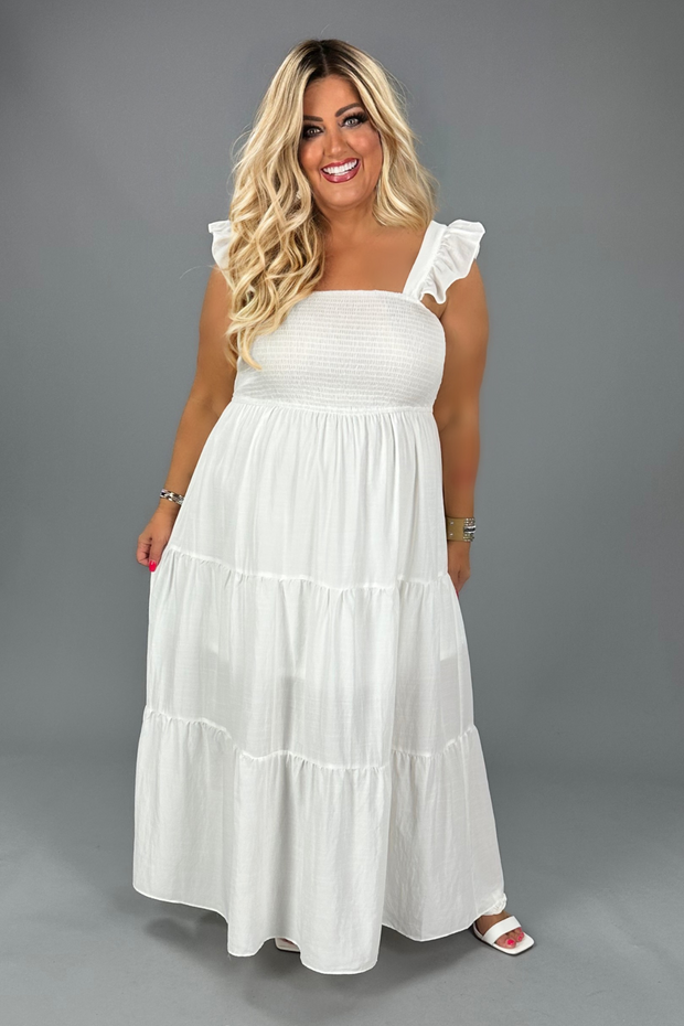 LD-D {Calm Retreat} Ivory Smocked Tiered Lined Maxi Dress PLUS SIZE XL 1X 2X