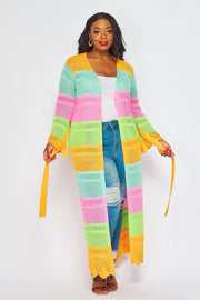 LD-E {Stop Time} Orange Combo Crochet Knit Long Cardigan PLUS SIZE 1X 2X 3X
