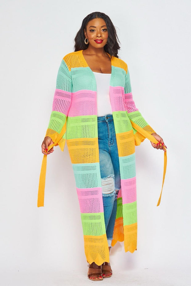 LD-E {Stop Time} Orange Combo Crochet Knit Long Cardigan PLUS SIZE 1X 2X 3X