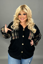 20 OT-T {Country Plaid} Black Button w/Plaid Sleeves Shacket PLUS SIZE 1X 2X 3X